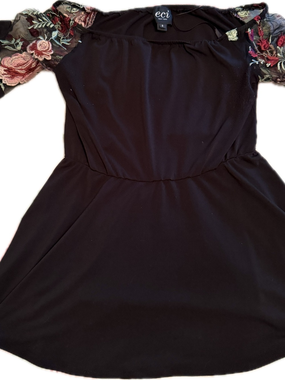 ECI Black Tunic off the shoulders with sheer Floral Embroidered Sleeves